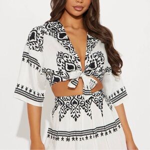 Fashion Nova The Christina Linen Skirt Set White/Black Tie Front Mini Skirt 3X